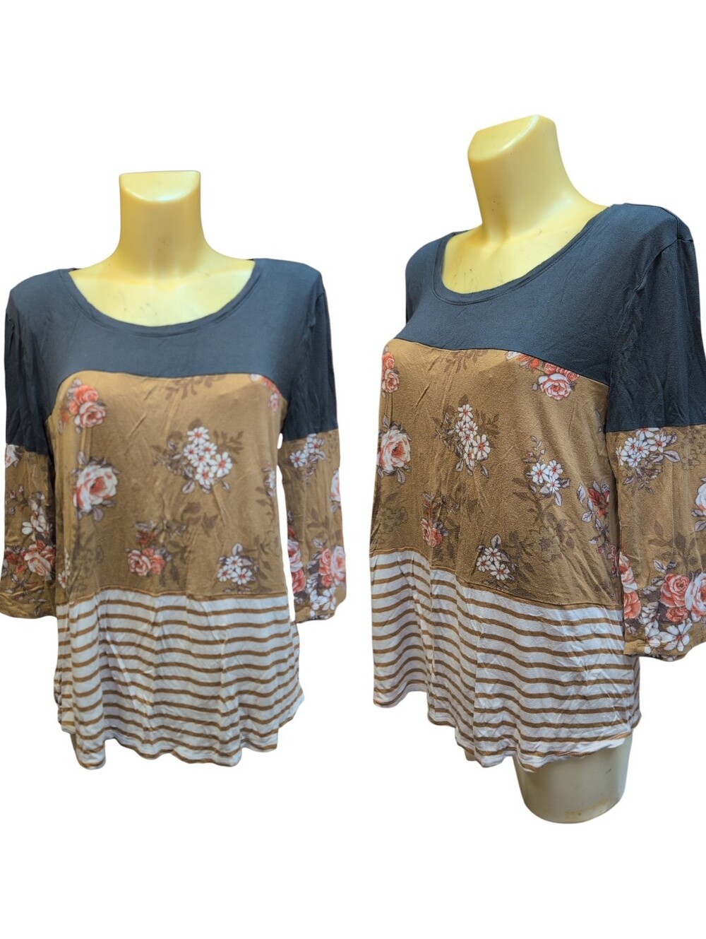 MAURICES 24/7 Gold White Grey Striped Floral Stretchy ¾ Sleeve Top